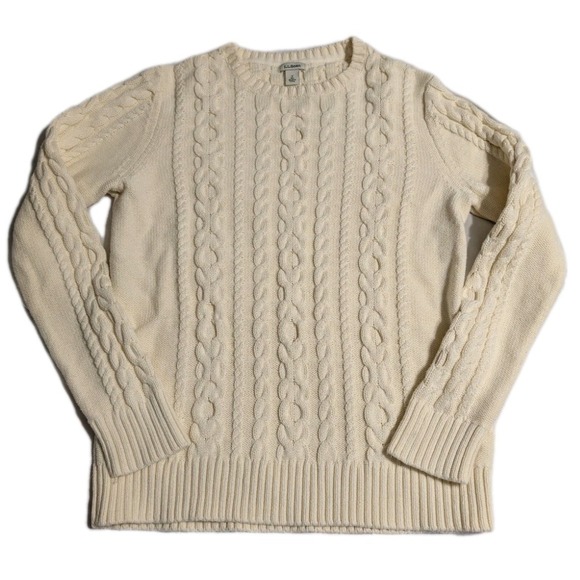 LL Bean Signature Sweaters - L.L.Bean Cable Knit Sweater Womens Small Cream Cotton‎ Crewneck Classic